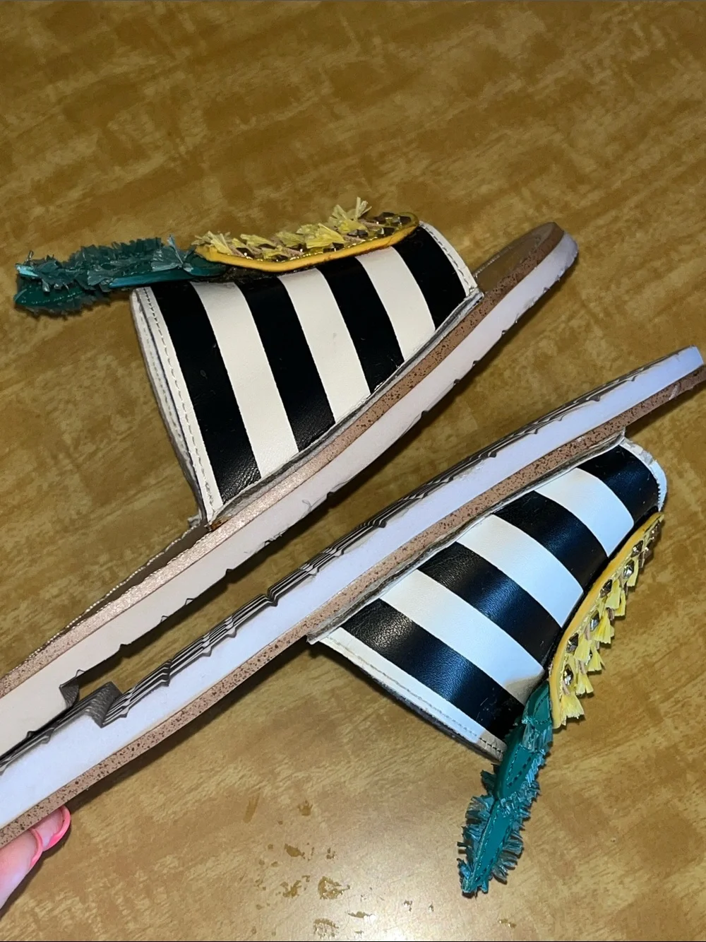 kate spade Black & White Stripe Pineapple Slide Sandals with Teal Leaves